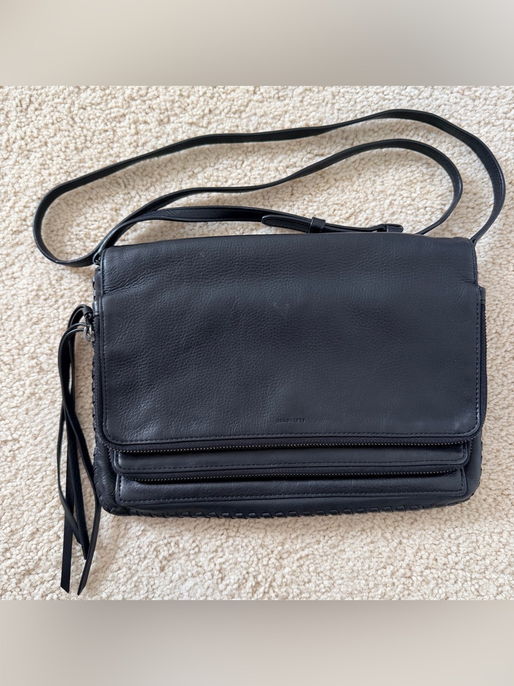 AllSaints Club Crossbody Smooth Leather Black Shoulder Bag Multi Compartment